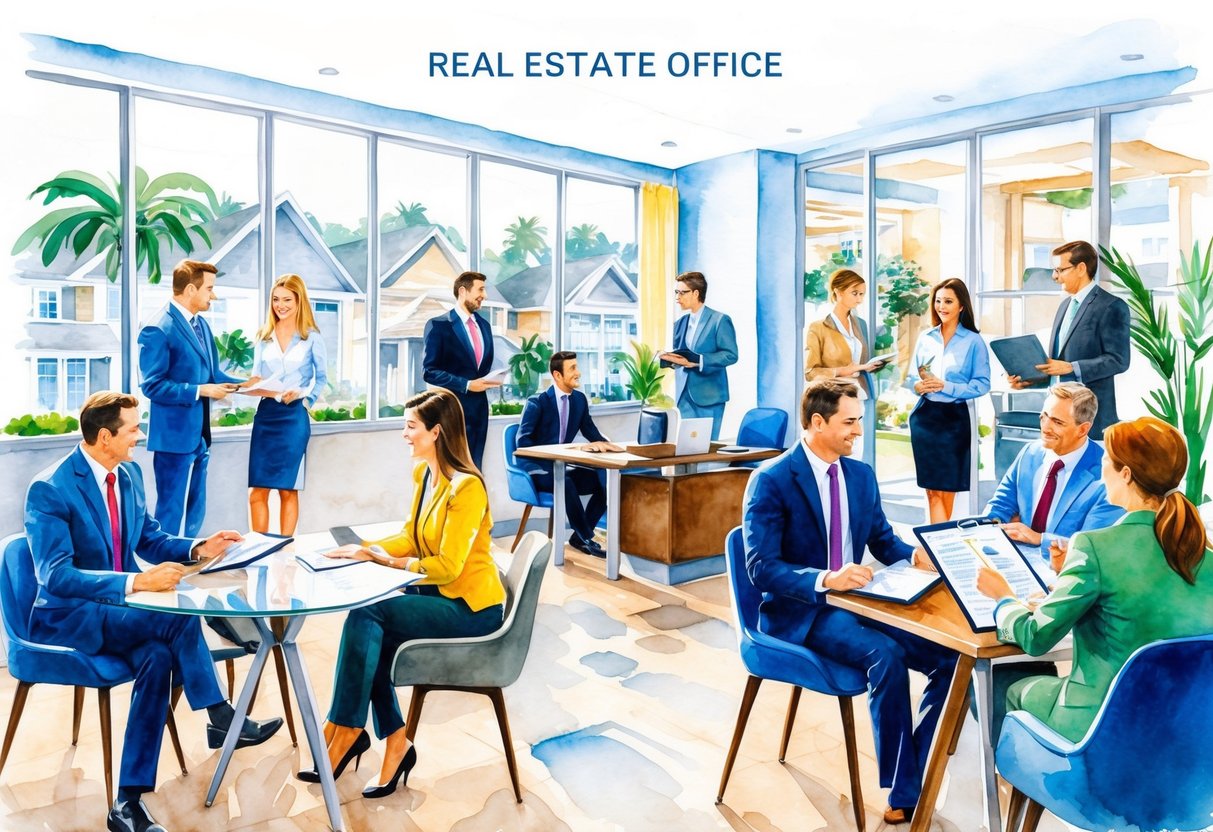 A bustling real estate office in Jacksonville, Florida, with agents meeting clients, reviewing contracts, and discussing property listings