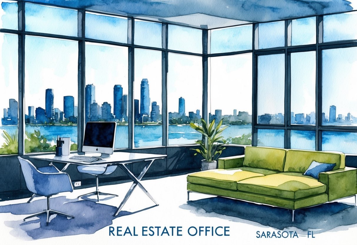 A modern real estate office in Sarasota, FL, with a sleek desk, computer, and large windows overlooking the city skyline
