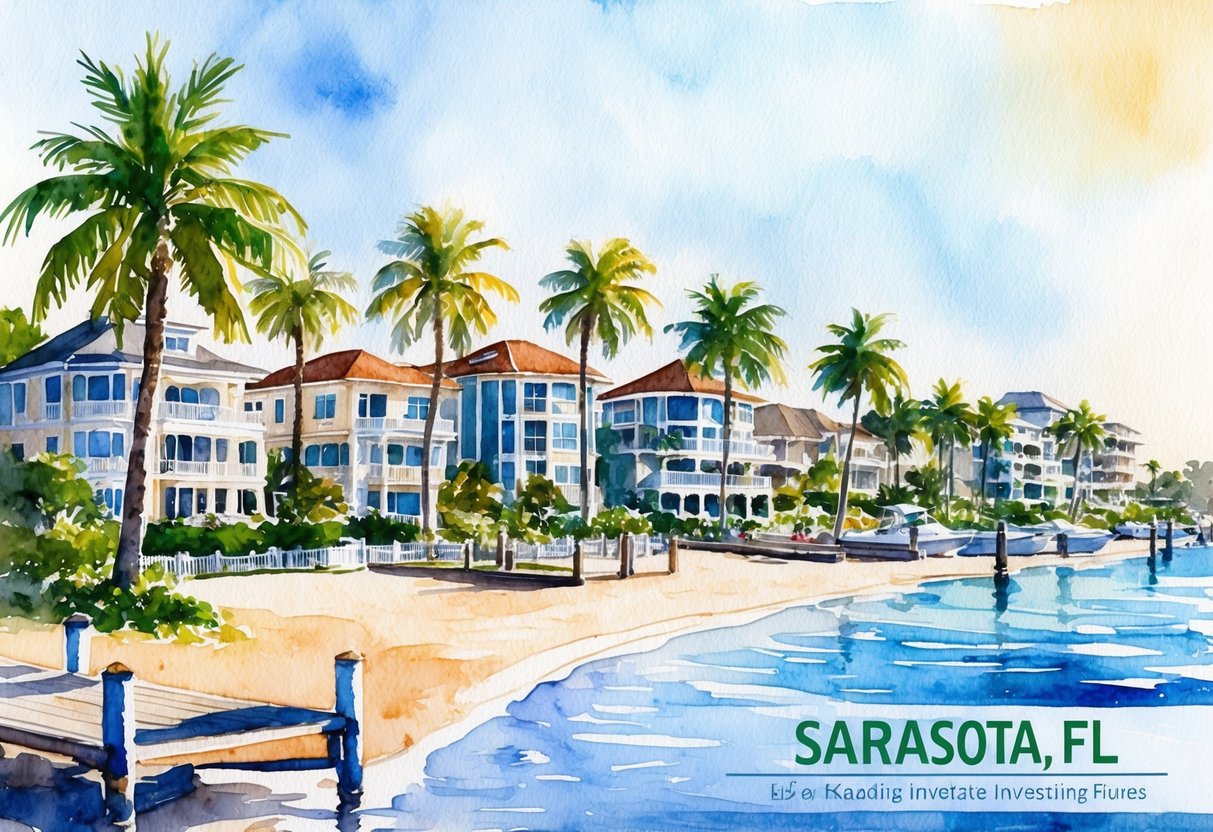A sunny beachfront with luxurious waterfront properties and palm trees, showcasing the allure of real estate investing in Sarasota, FL