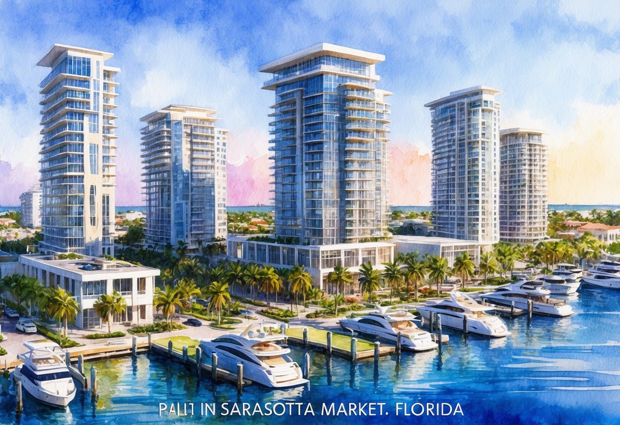 A vibrant cityscape with modern buildings, palm trees, and a bustling waterfront, showcasing the thriving real estate market in Sarasota, Florida