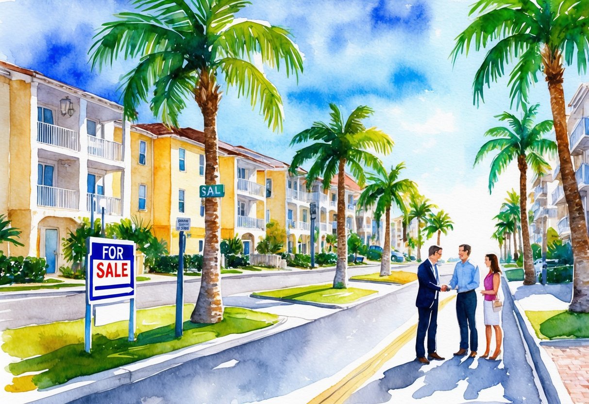A sunny Sarasota street with palm trees, beachfront condos, and "For Sale" signs. A real estate agent shows a couple a potential investment property