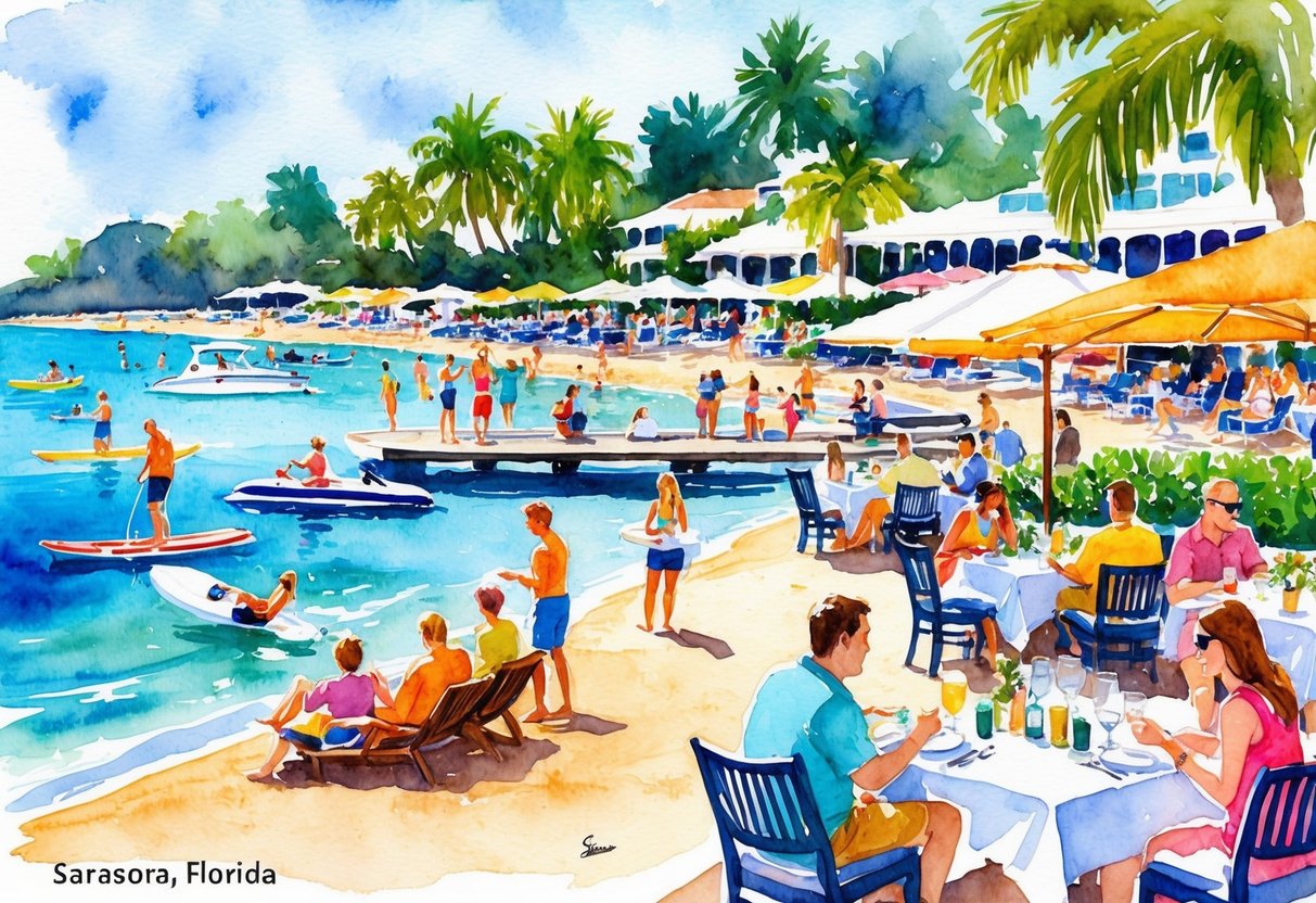 A vibrant beach scene with people enjoying water sports, sunbathing, and dining at waterfront restaurants in Sarasota, Florida