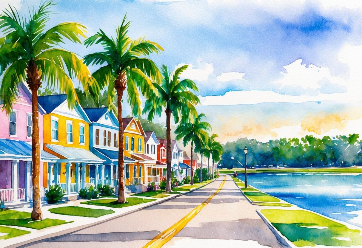 A sunny day in Lakeland, FL, with a row of colorful houses and palm trees lining the streets, a serene lake in the background