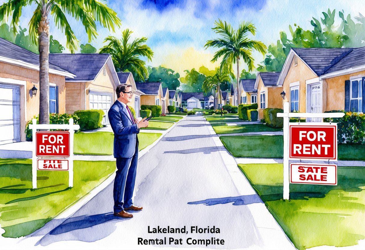 A sunny suburban street in Lakeland, Florida with neatly kept rental properties and "For Rent" signs displayed. A real estate agent speaks with a potential investor