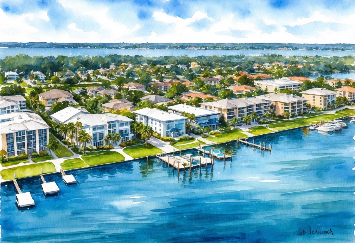 A sunny lakeside view of Lakeland, FL with various real estate properties, including houses, apartments, and commercial buildings