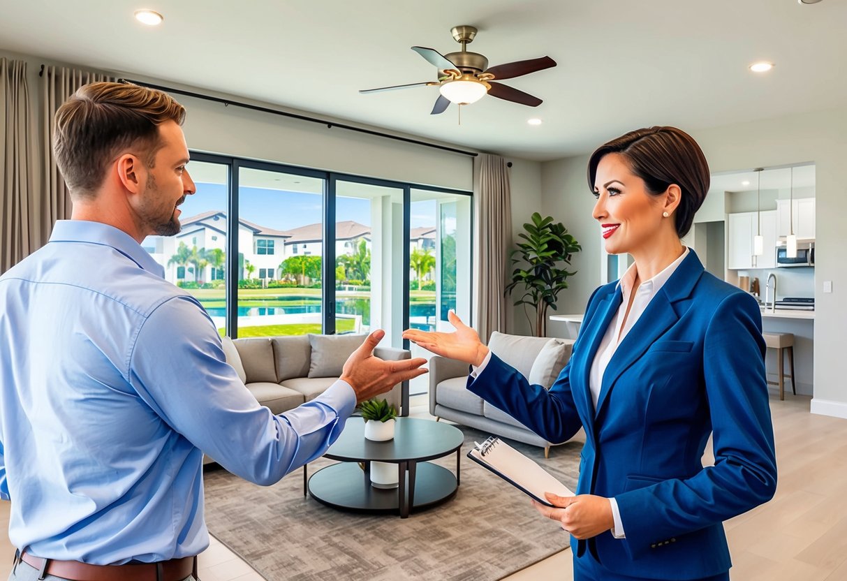 A real estate agent showing a property to potential investors in Lakeland, FL. The agent gestures towards the spacious interior and modern amenities