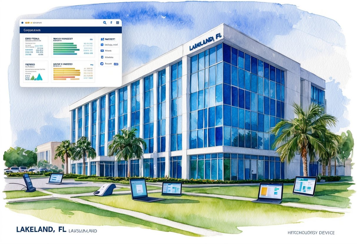 A modern office building in Lakeland, FL with a digital interface displaying real estate investment data and technology devices scattered around the room