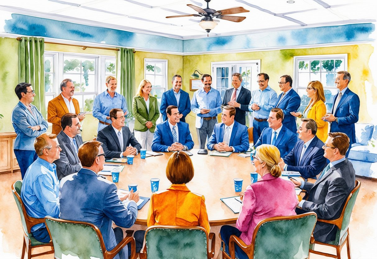 A group of investors gather in a cozy Lakeland, FL community center, discussing real estate opportunities and offering support to one another