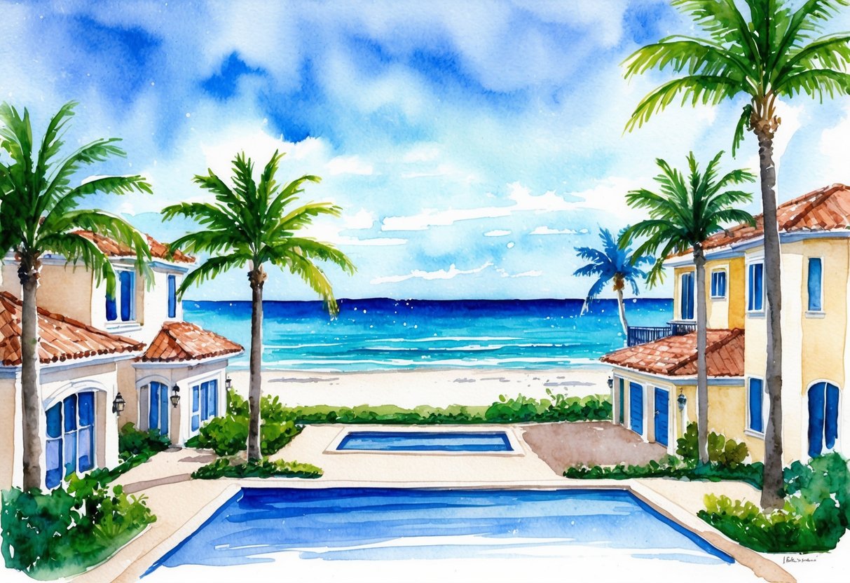A sunny beachfront property in Naples, FL, with palm trees, luxury homes, and a sparkling ocean view
