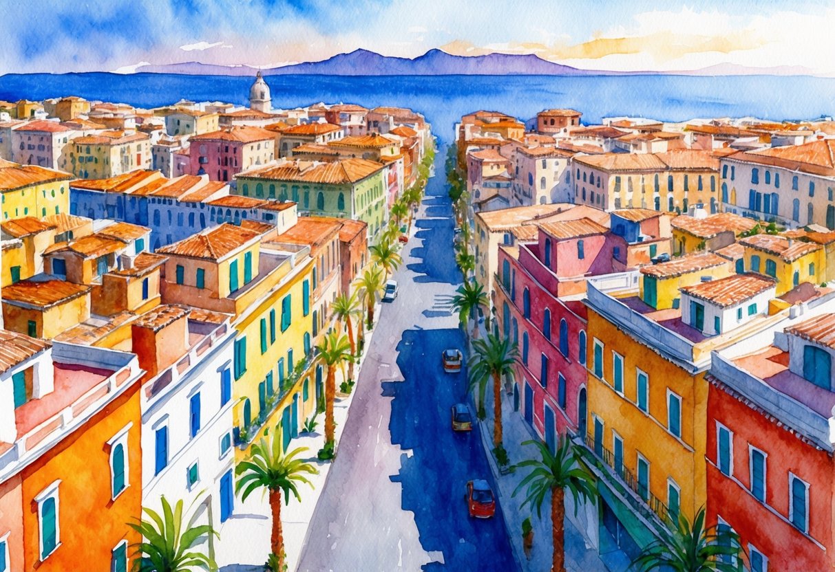 Aerial view of colorful buildings and palm-lined streets in Naples' diverse neighborhoods