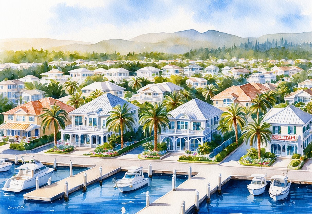 A sunny coastal town with palm-lined streets, luxury waterfront homes, and bustling real estate offices