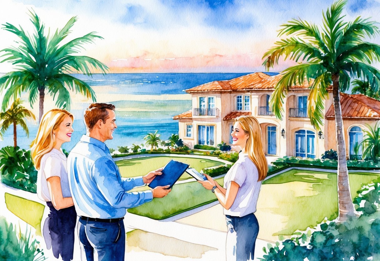 A real estate agent showing a couple a selection of luxury homes in Naples, Florida, with palm trees and a shimmering coastline in the background