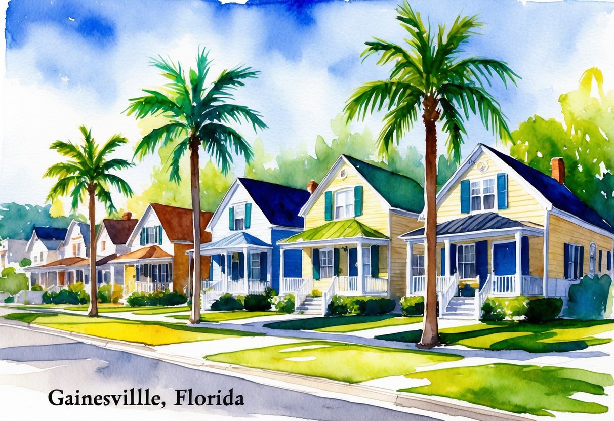 A sunny day in Gainesville, Florida. A row of quaint houses with lush green lawns and palm trees lining the streets. Blue skies and a warm, inviting atmosphere