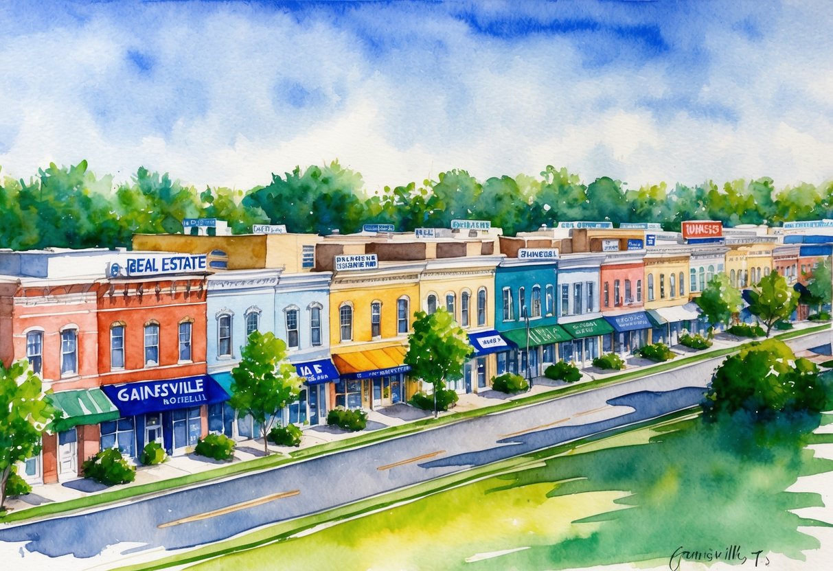 A bustling city scene in Gainesville, FL with rows of colorful buildings and real estate signs, surrounded by lush greenery and a clear blue sky