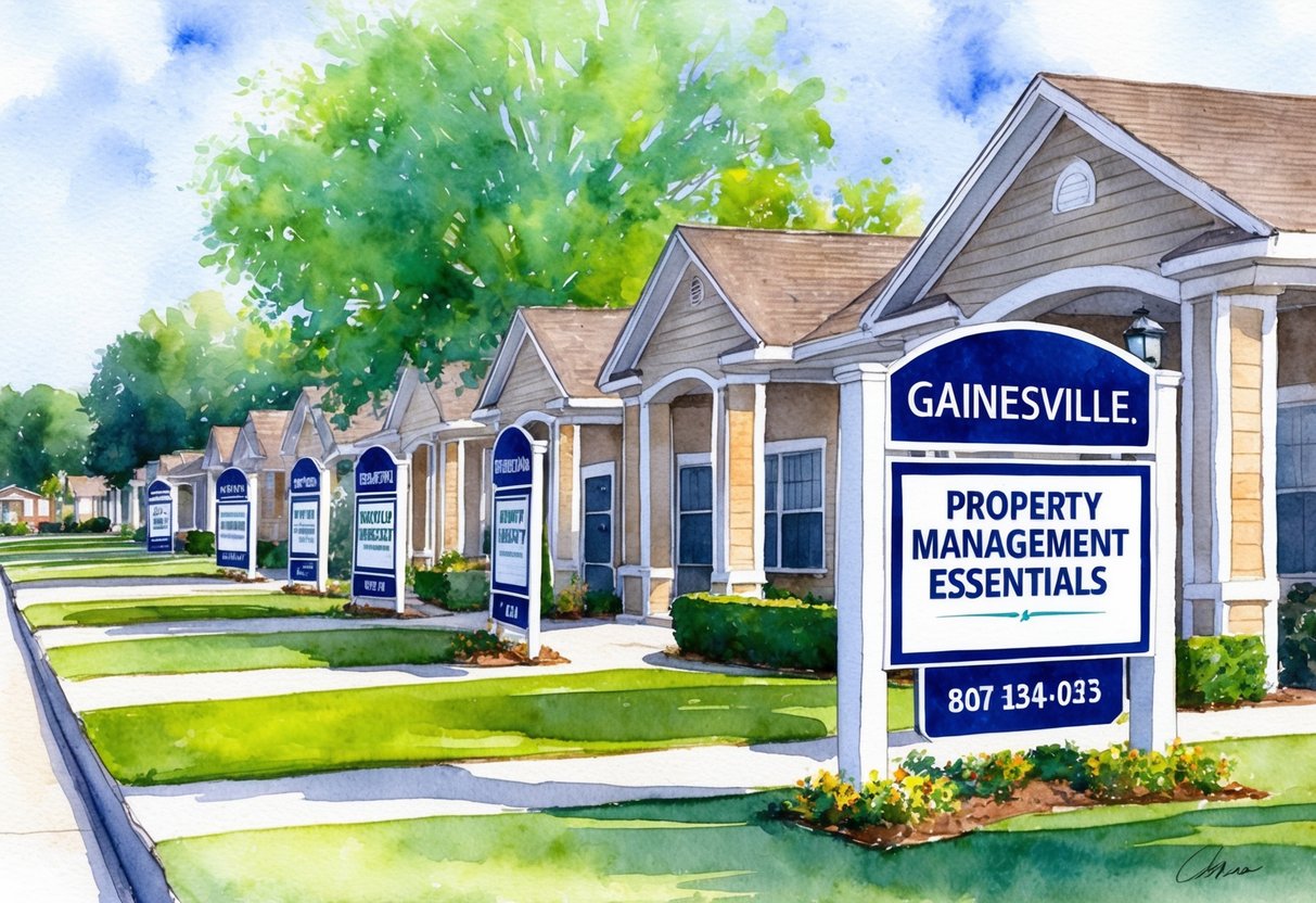 A row of neatly maintained rental properties with "Property Management Essentials" signage in Gainesville, FL