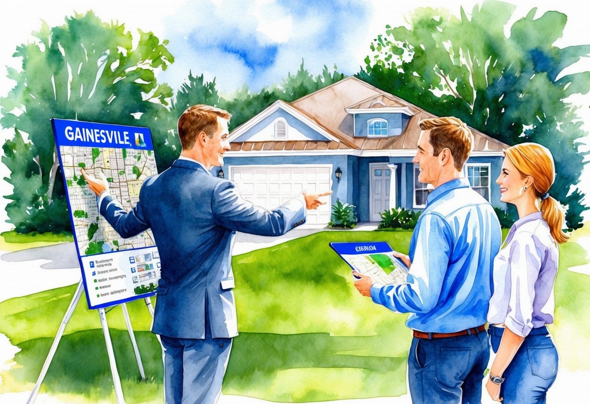 A real estate agent showing a couple a variety of properties in Gainesville, FL. The agent gestures towards a map of the area, while the couple listens attentively