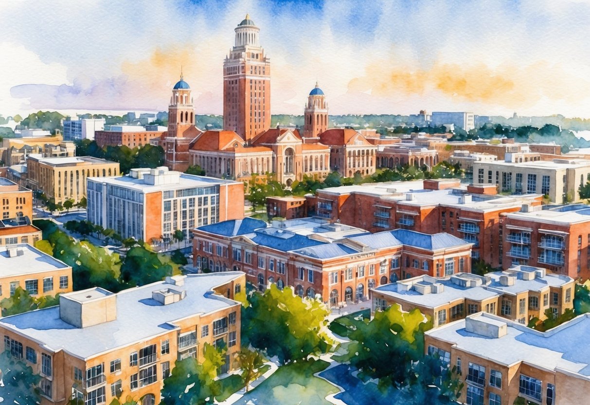 A bustling cityscape with the University of Florida's iconic buildings in the background, surrounded by modern real estate developments in Gainesville, FL