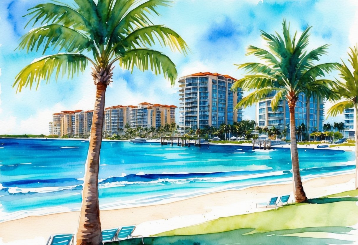 A sunny beachfront with luxury condos and palm trees, overlooking the turquoise waters of West Palm Beach, Florida