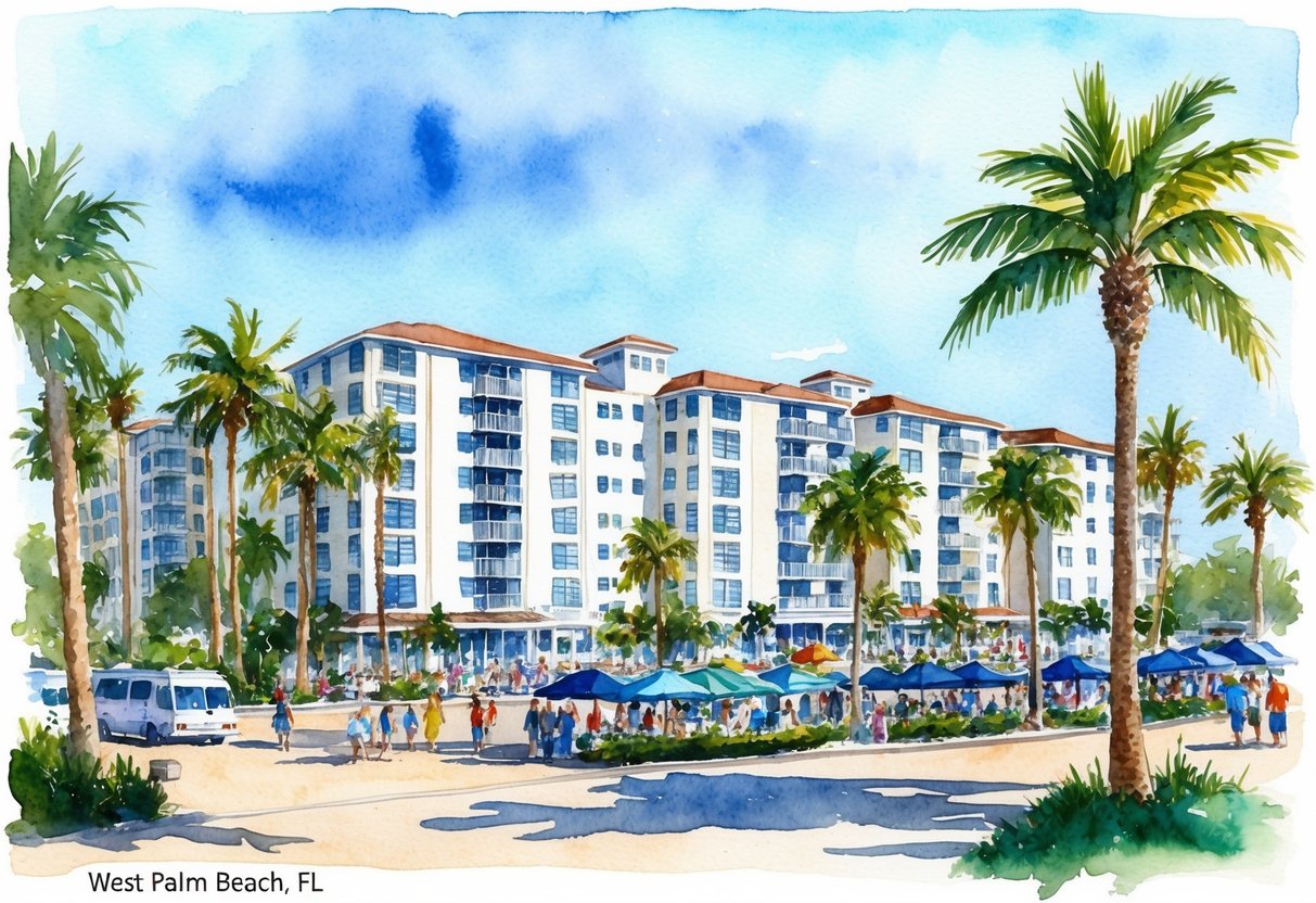 A sunny beachfront property with multiple rental units, palm trees, and a bustling tourist scene in West Palm Beach, FL