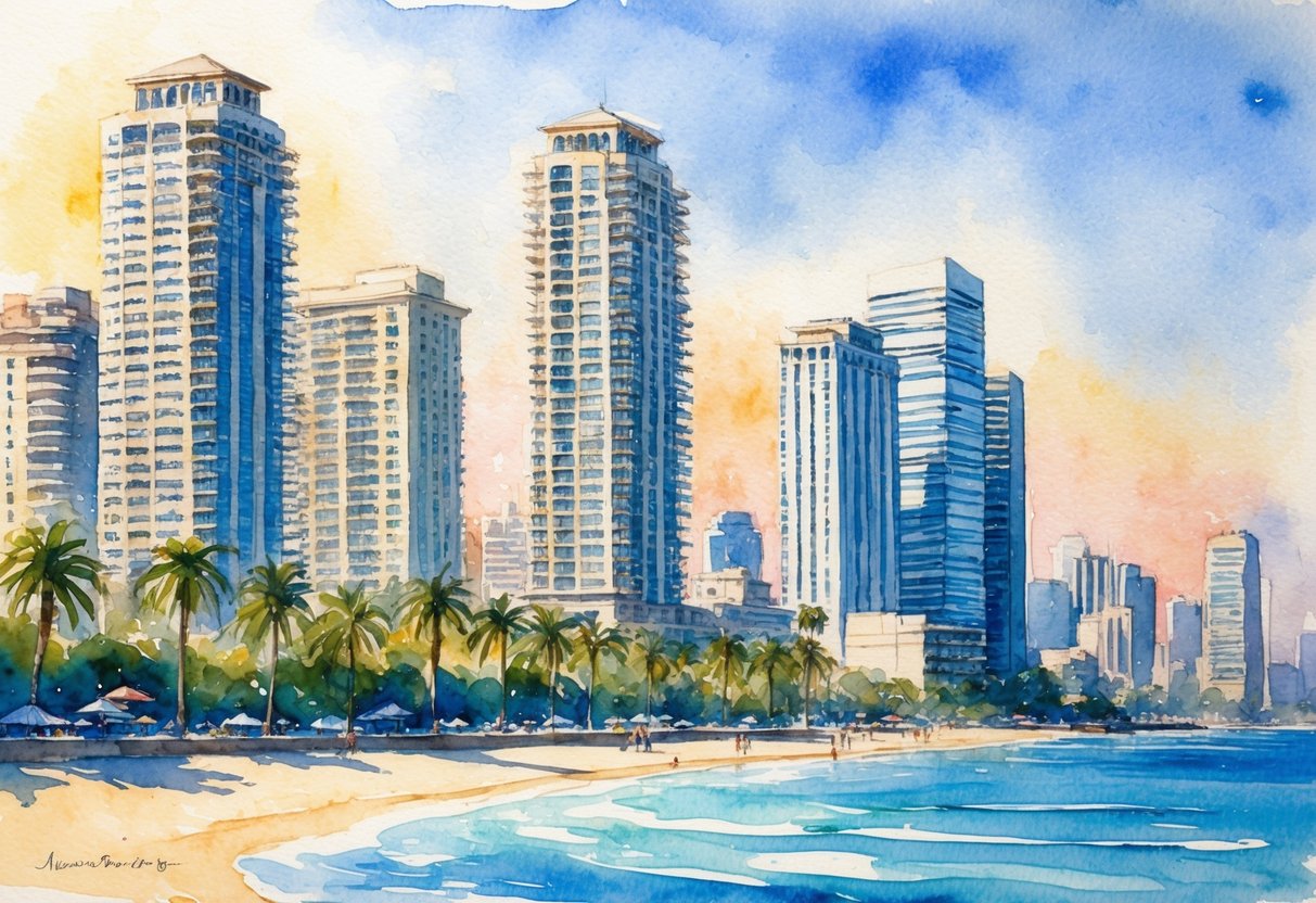 A sunny beachfront with high-rise buildings and palm trees, surrounded by a bustling cityscape and financial district