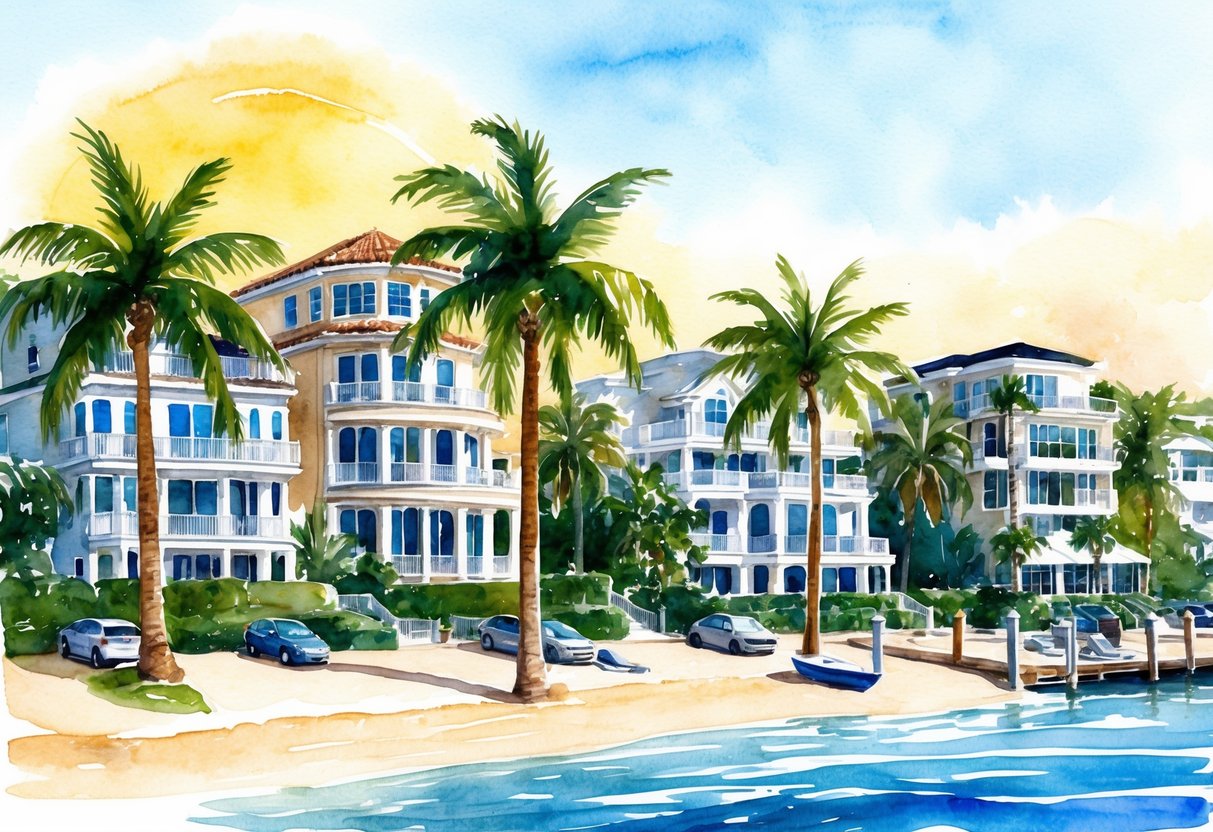 A sunny beach with palm trees, luxury waterfront homes, and a bustling real estate market in West Palm Beach, FL
