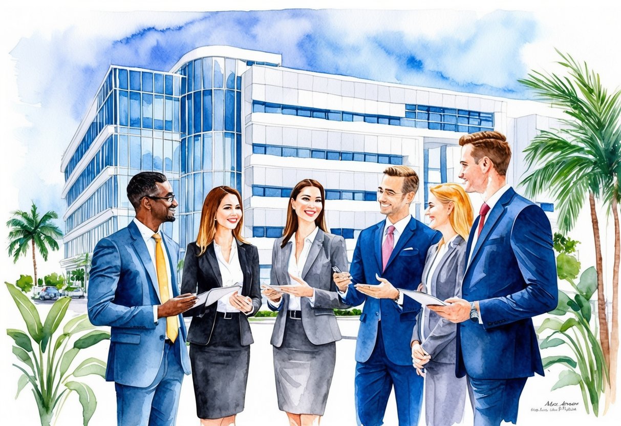 A group of professionals networking in a modern office building in West Palm Beach, Florida, discussing real estate investment opportunities