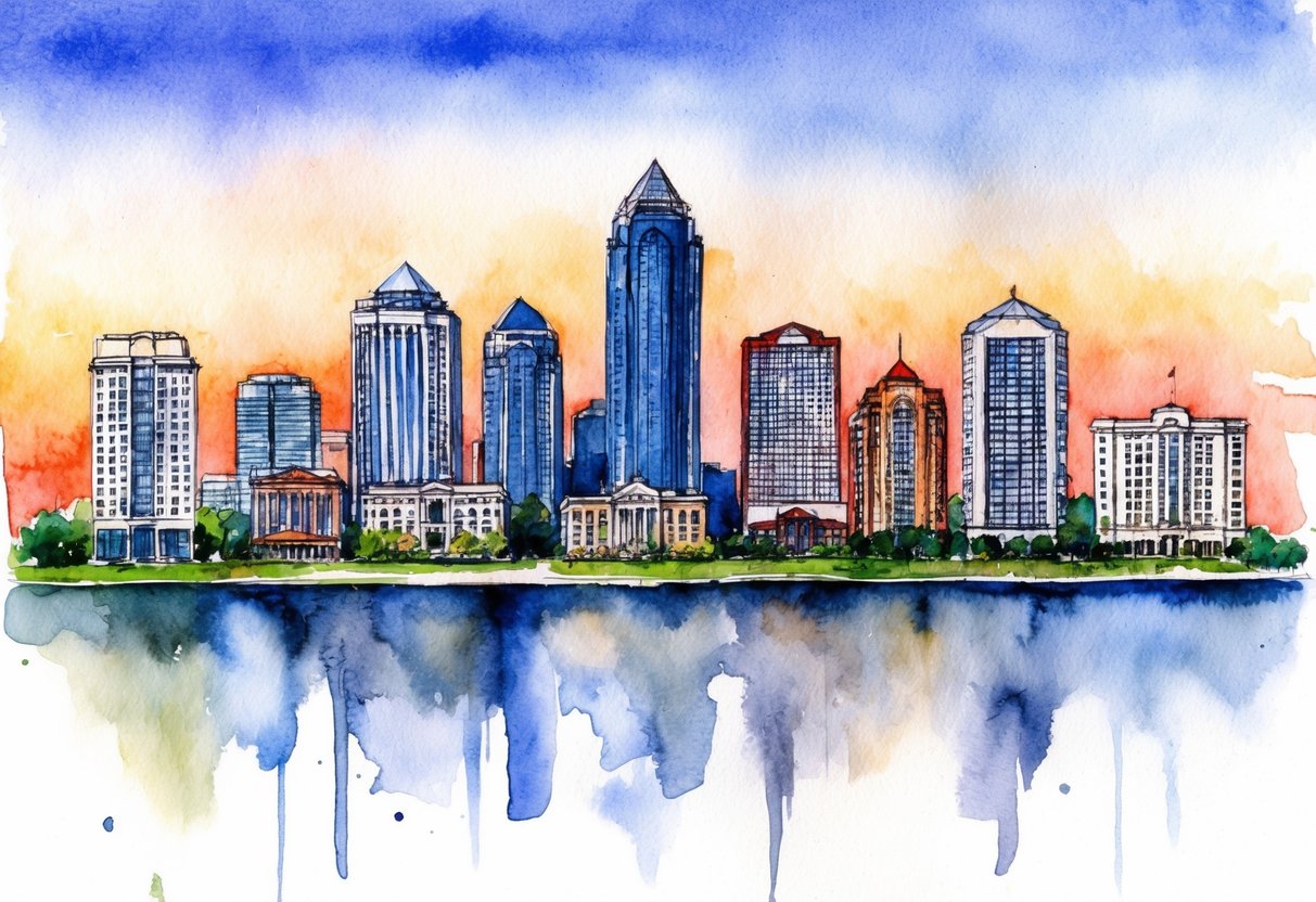 A skyline of Atlanta, Georgia with various real estate properties and investment opportunities