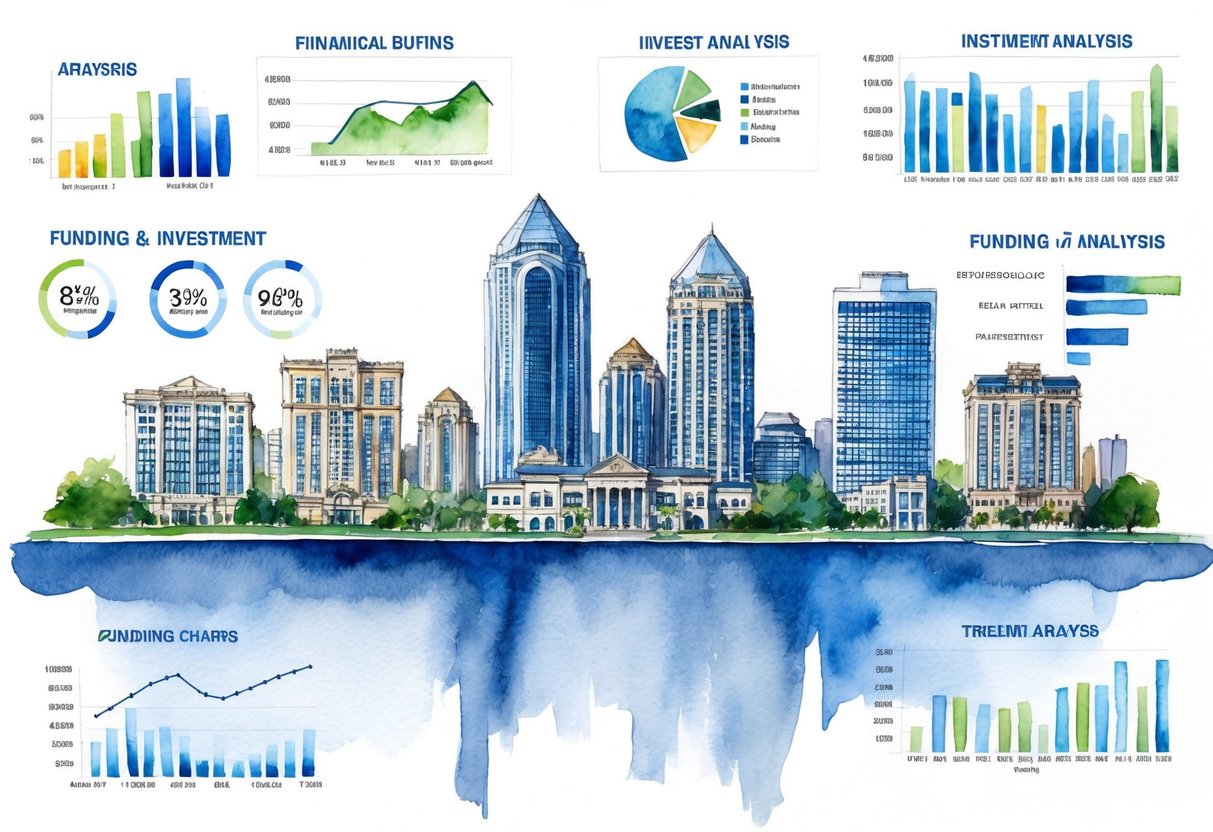 A city skyline with real estate buildings in Atlanta, GA, surrounded by financial charts and graphs depicting funding and investment analysis