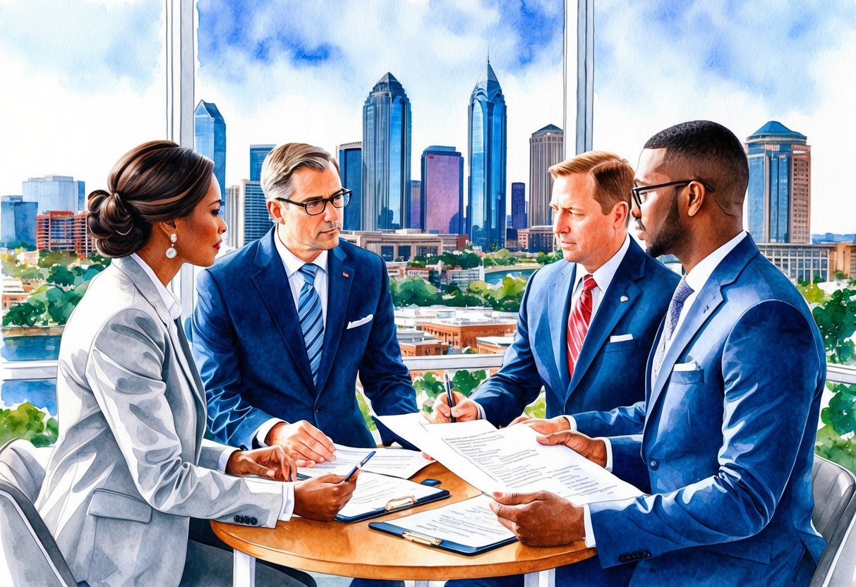 A group of investors discussing legal documents in a modern office overlooking the Atlanta skyline