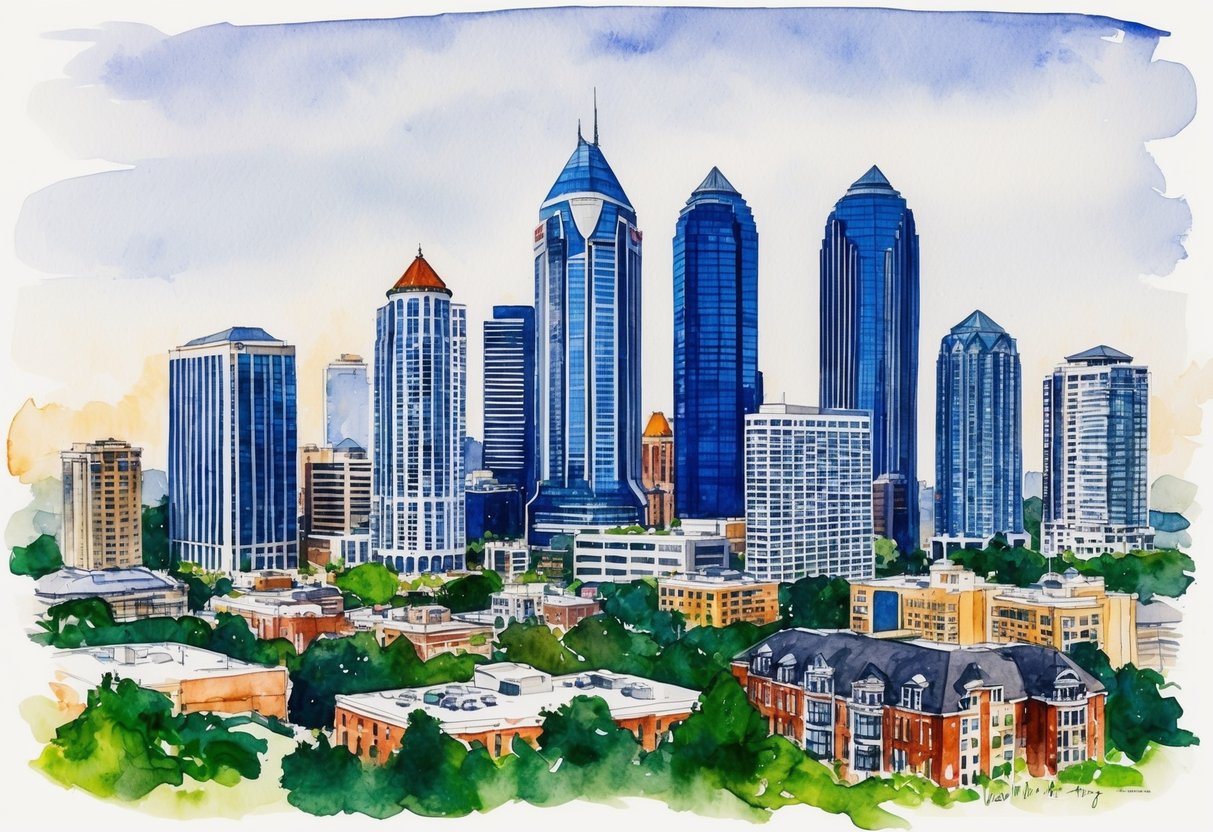 A bustling city skyline with modern high-rise buildings and residential properties in Atlanta, Georgia