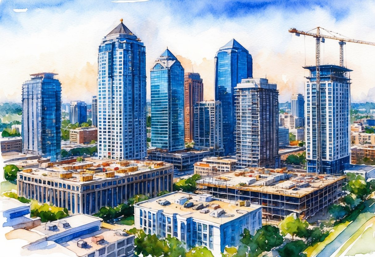 A bustling cityscape with high-rise buildings and construction sites, showcasing the fast-paced real estate market in Atlanta, Georgia