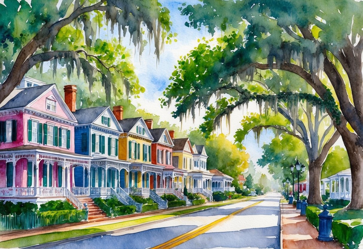A historic Savannah street with rows of colorful Victorian homes, surrounded by lush greenery and Spanish moss-draped oak trees
