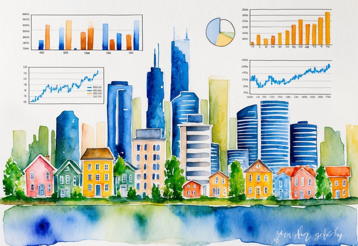 A city skyline with various buildings and houses, alongside graphs and charts representing economic indicators