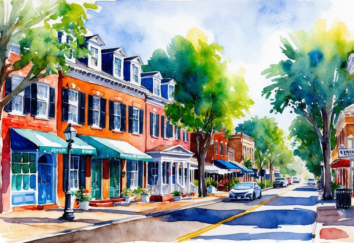 A vibrant neighborhood in Savannah, GA with historic homes, tree-lined streets, and local businesses