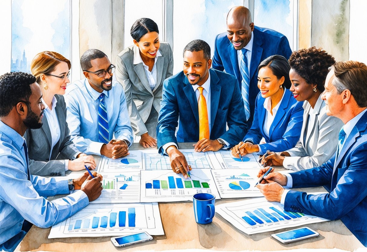 A diverse group of professionals gather around a table, discussing real estate investment strategies in Savannah, GA. Blueprints and charts are spread out, as everyone contributes their expertise to the team