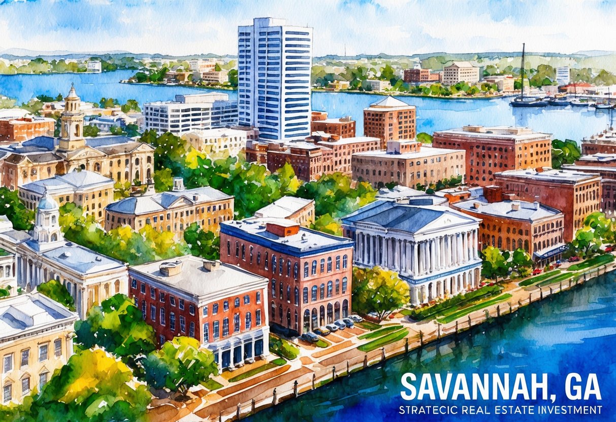 A bustling cityscape in Savannah, GA with a mix of historic architecture and modern buildings, surrounded by lush greenery and waterfront views, showcasing the potential for strategic real estate investment