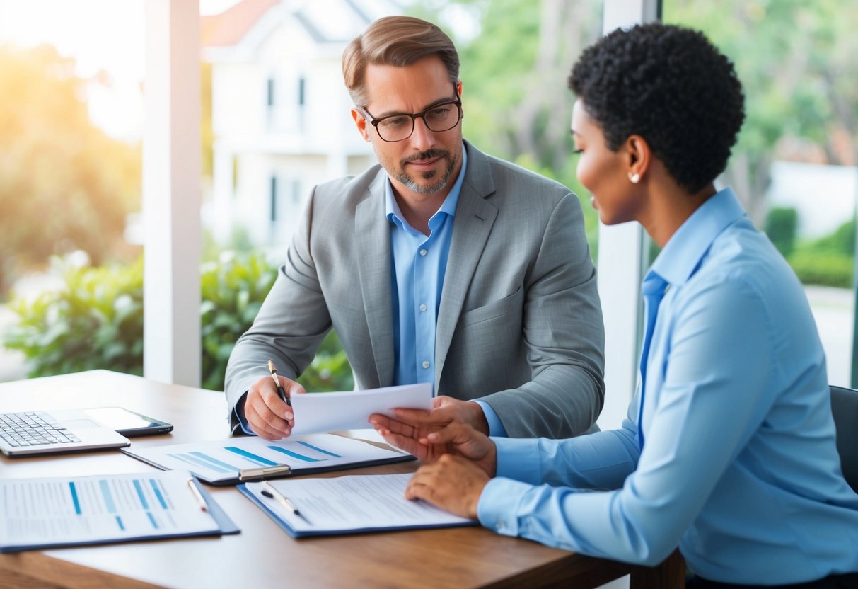 A real estate investor researching properties in Savannah, GA, reviewing documents, and discussing options with a real estate agent