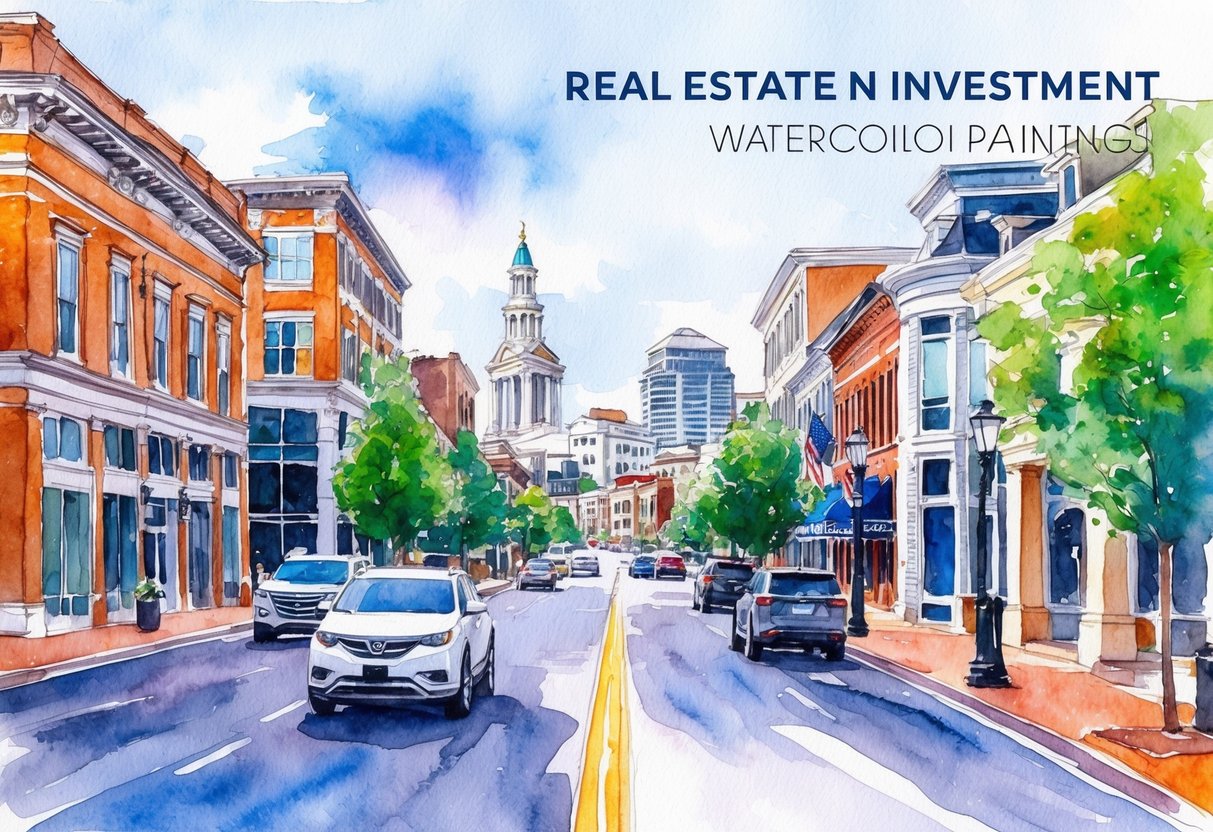 A bustling street in Augusta, GA lined with historic buildings and modern developments, showcasing the vibrant real estate investment opportunities in the city