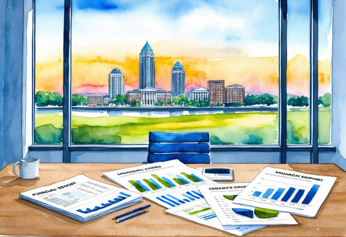 A modern office with a skyline view of Augusta, GA. A financial report and real estate investment charts are spread out on a desk
