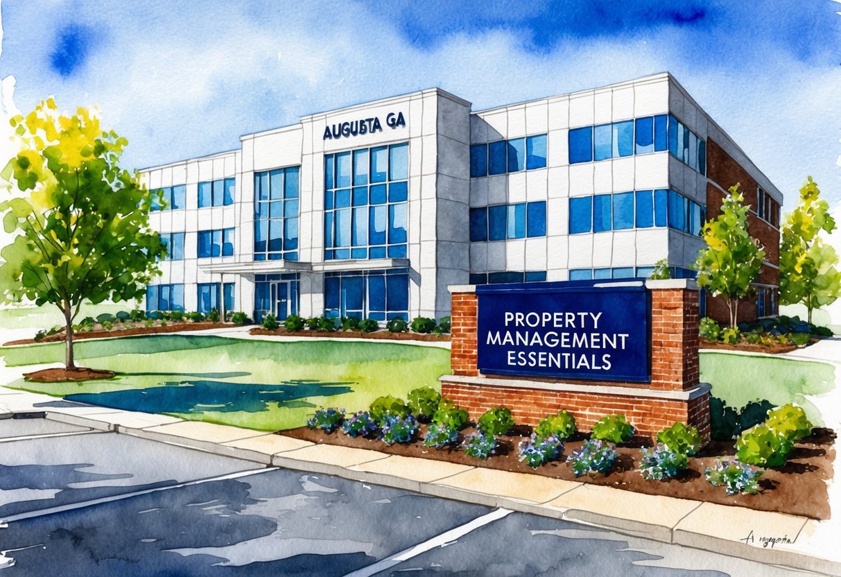 A modern office building in Augusta, GA with a "Property Management Essentials" sign and landscaped grounds