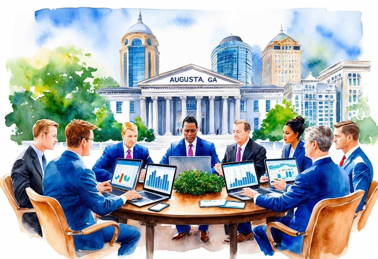 A bustling real estate market in Augusta, GA, with investors analyzing data and charts, and brokers discussing timing and dynamics