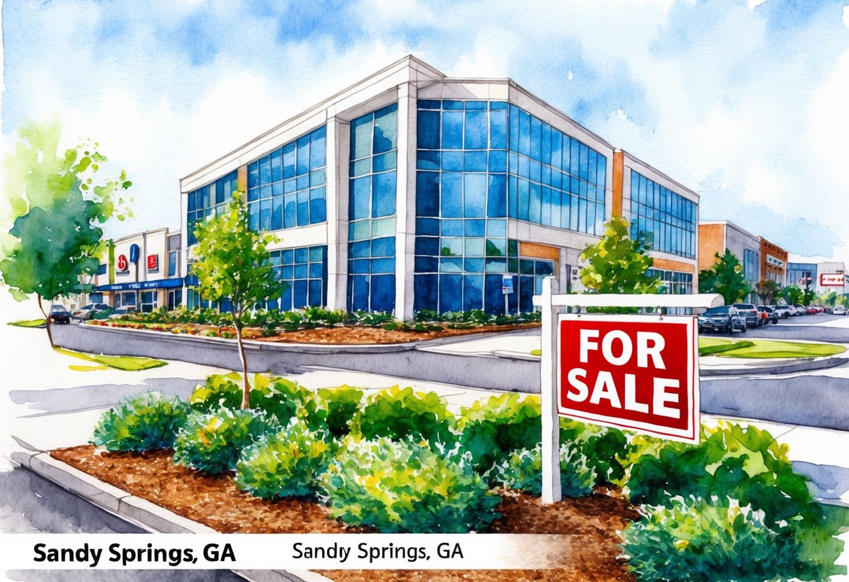 A modern office building in Sandy Springs, GA with a "For Sale" sign out front, surrounded by lush green landscaping and a bustling commercial district in the background