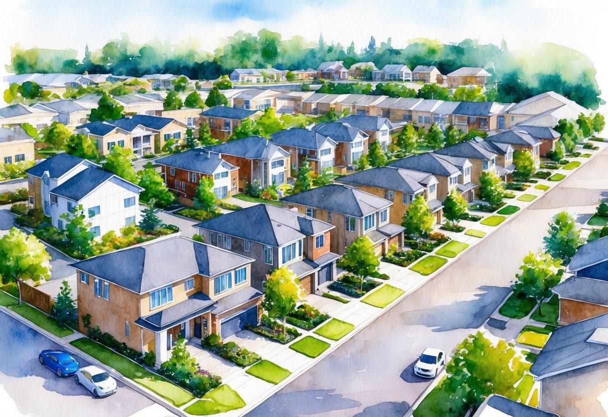 A bustling suburban neighborhood with modern homes, lush greenery, and well-maintained streets, surrounded by top-rated schools and convenient amenities