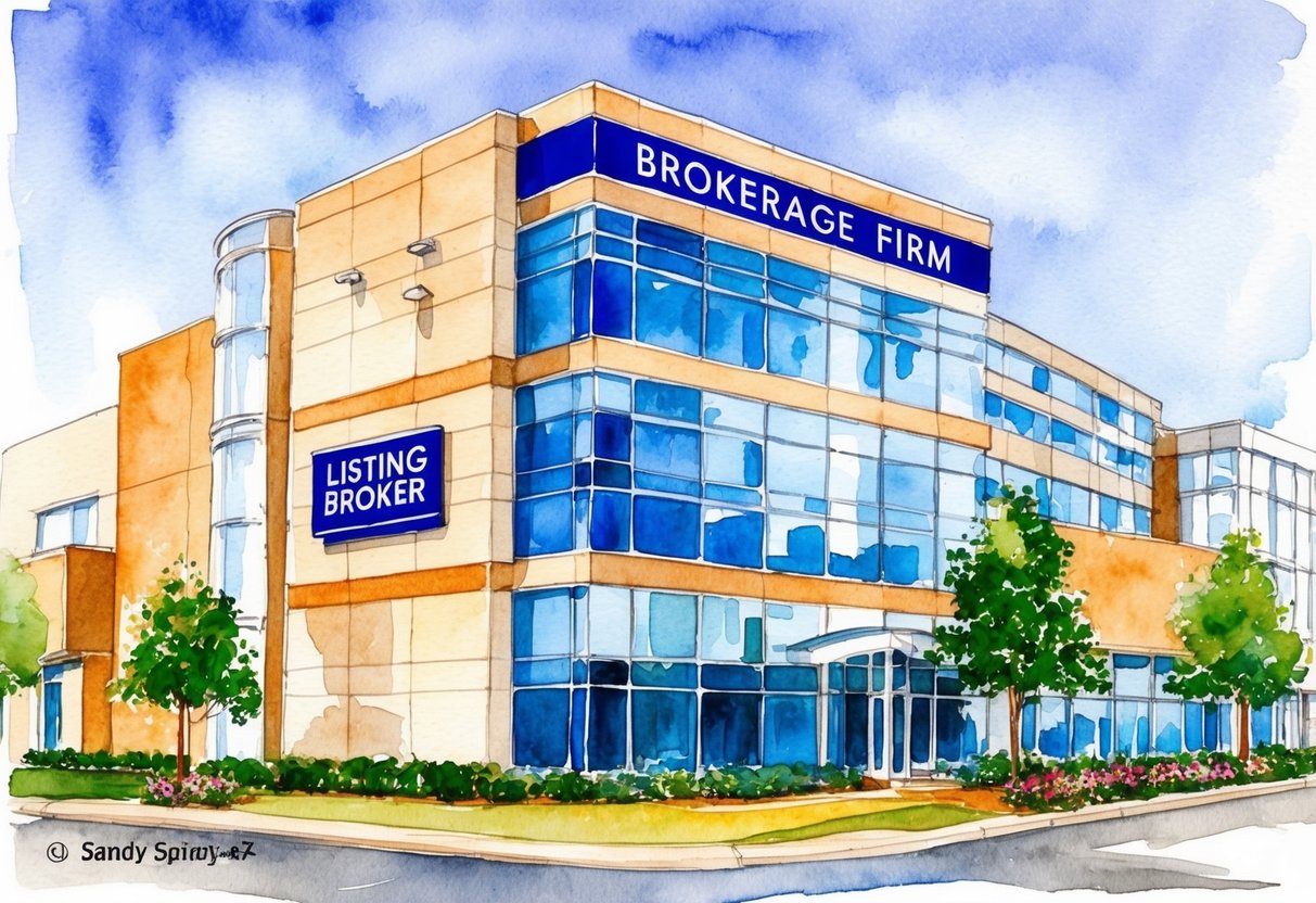 A modern office building with a "Brokerage Firm" sign and a "Listing Broker" logo, located in the bustling city of Sandy Springs, GA