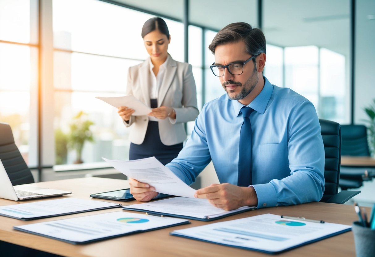 A real estate investor reviewing legal documents and compliance regulations in a modern office in Sandy Springs, GA
