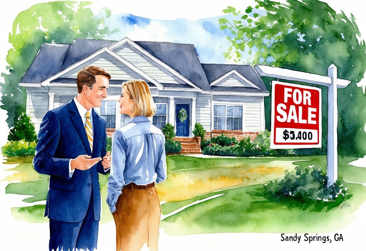 A real estate agent and potential buyer discussing a property in Sandy Springs, GA, with a sign advertising "For Sale" in the background