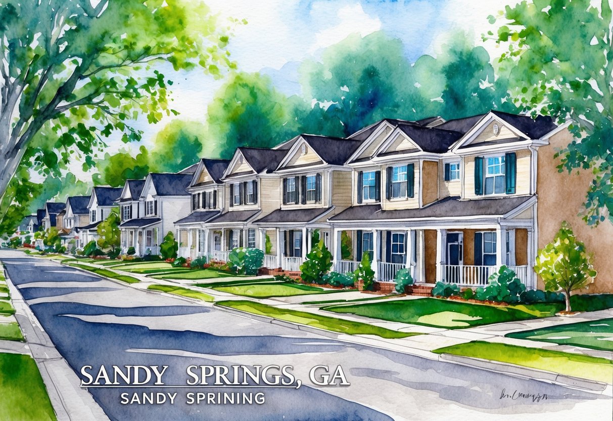 A suburban neighborhood in Sandy Springs, GA with rows of well-maintained houses surrounded by lush greenery and tree-lined streets, showcasing the long-term growth and development of real estate investing