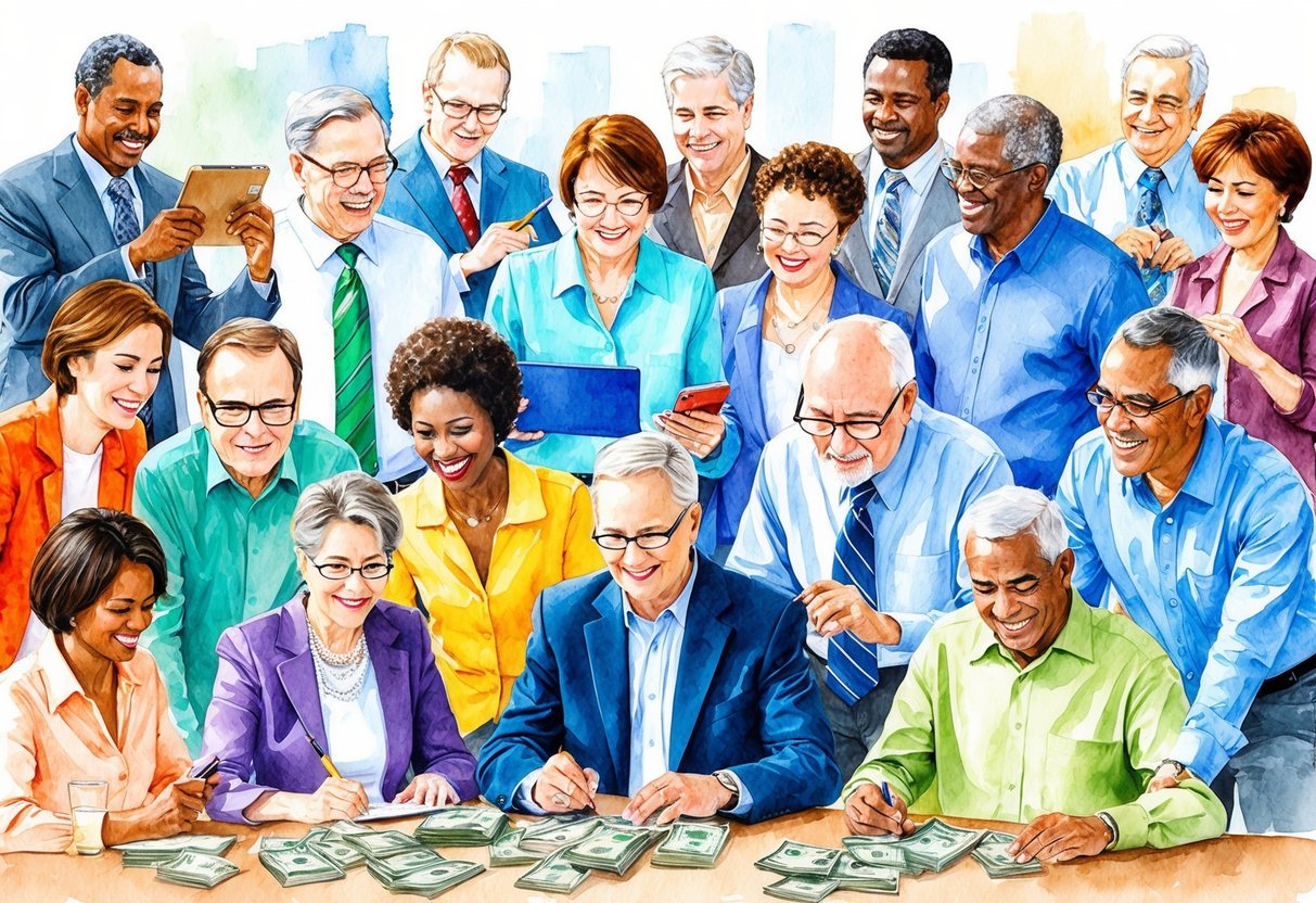 A diverse group of people of varying ages are shown engaged in activities such as investing, budgeting, and saving money for retirement. The scene conveys the importance of financial planning and maximizing retirement savings