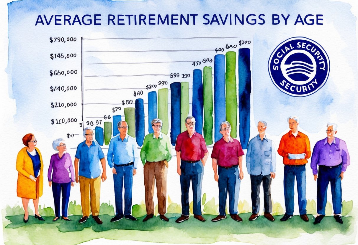 A group of people of different ages standing in front of a chart showing the average retirement savings by age, with the Social Security logo displayed prominently