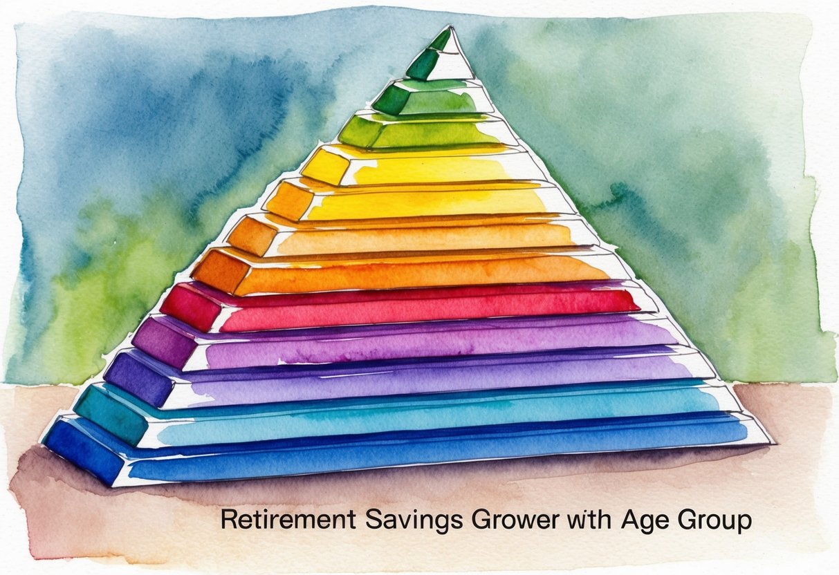 A stack of colorful bar graphs representing retirement savings grows taller with each age group, reflecting the advice from financial experts